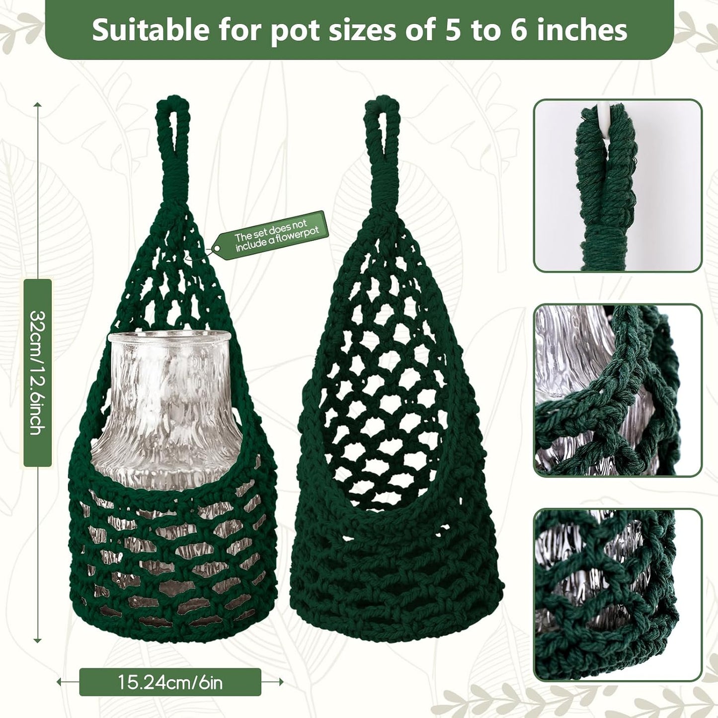 Macrame Wall Plant Hanger / Green / 6-inch / 6 Inch