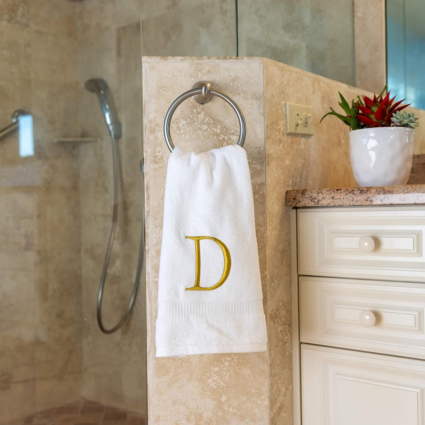 White with Gold Monogrammed Hand Towels for Bathroom - Set of 2 Letter D | Luxury Hotel Quality Initial Towels For