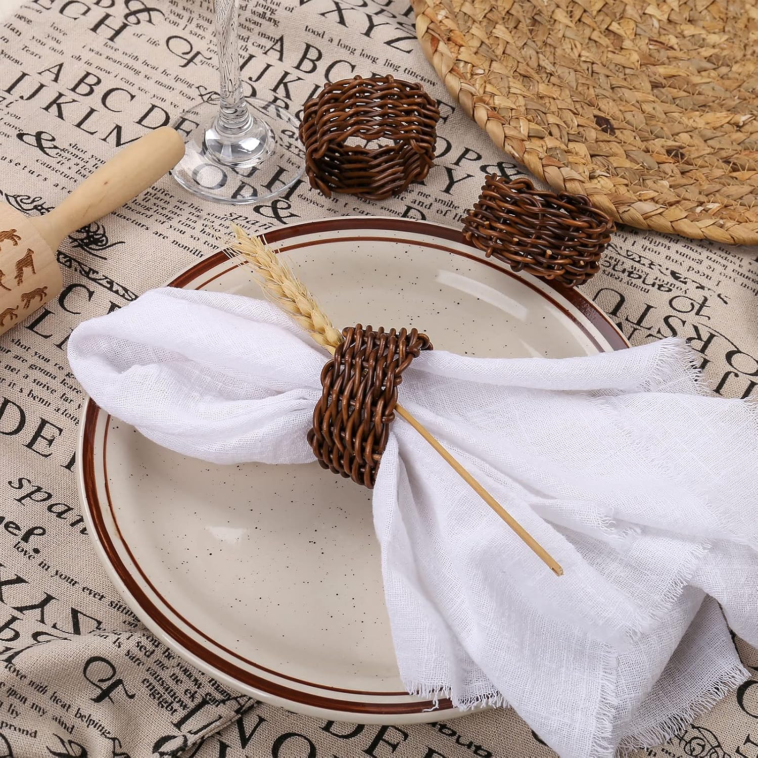 Napkin Buckles Holder Bulk for Farmhouse / Rattan / Natural / Set of 6