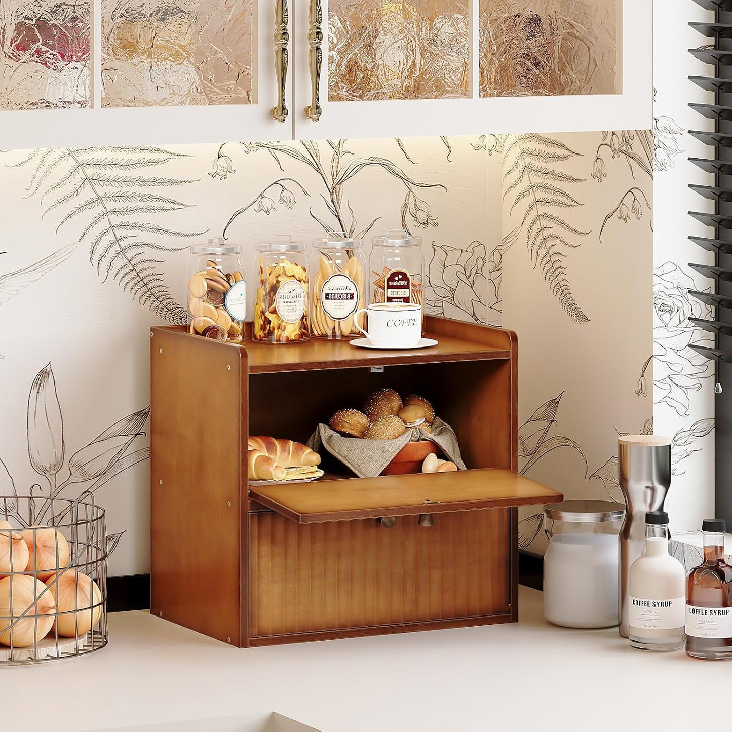 Trironsun Rustic Bread Box for Kitchen Countertop Bamboo Bread Storage Container Bin Double Layer BreadBox Farmhouse