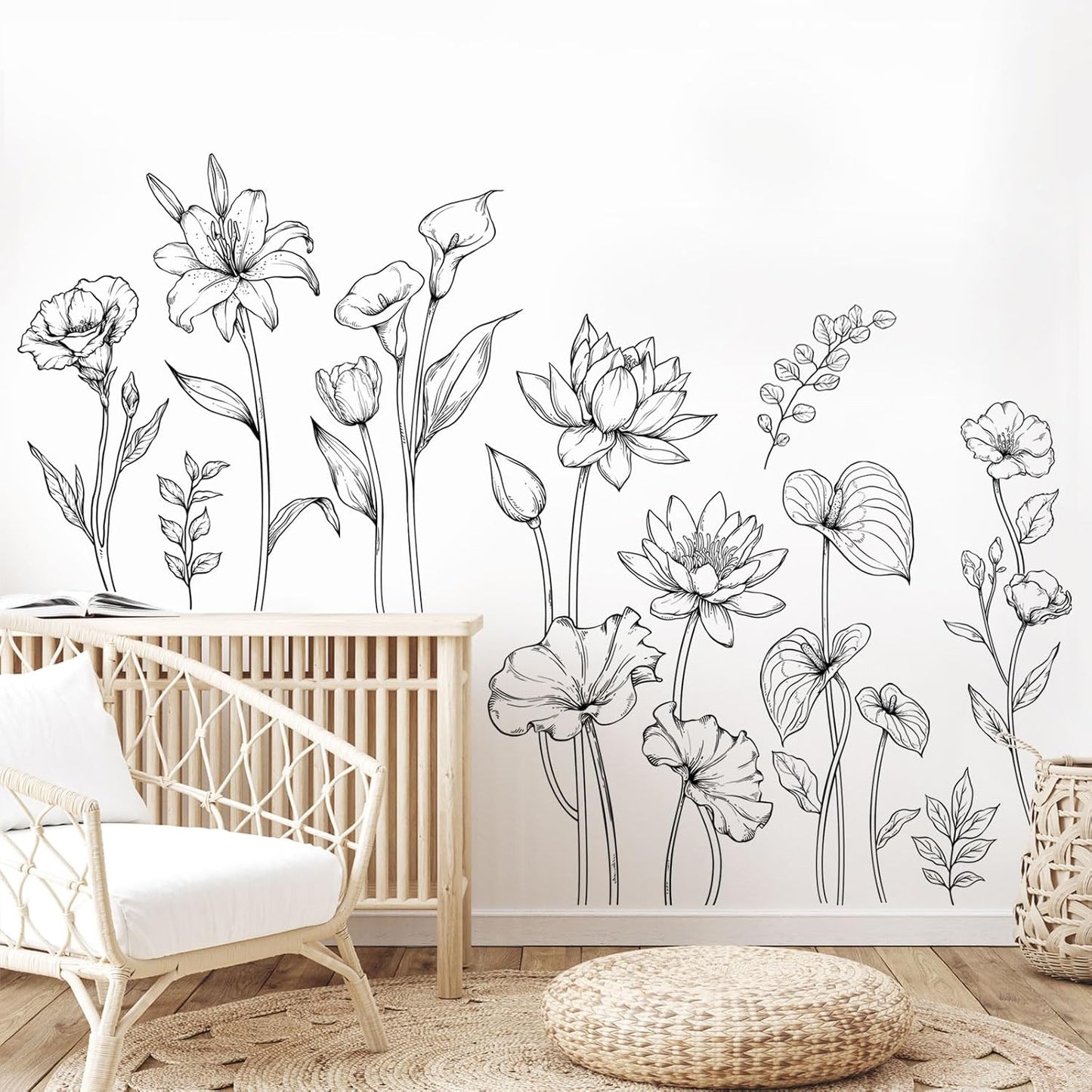 Large and White Flower Wall Decals Simple Modern Minimalist Garden / XL- Garden Flower Set / Black