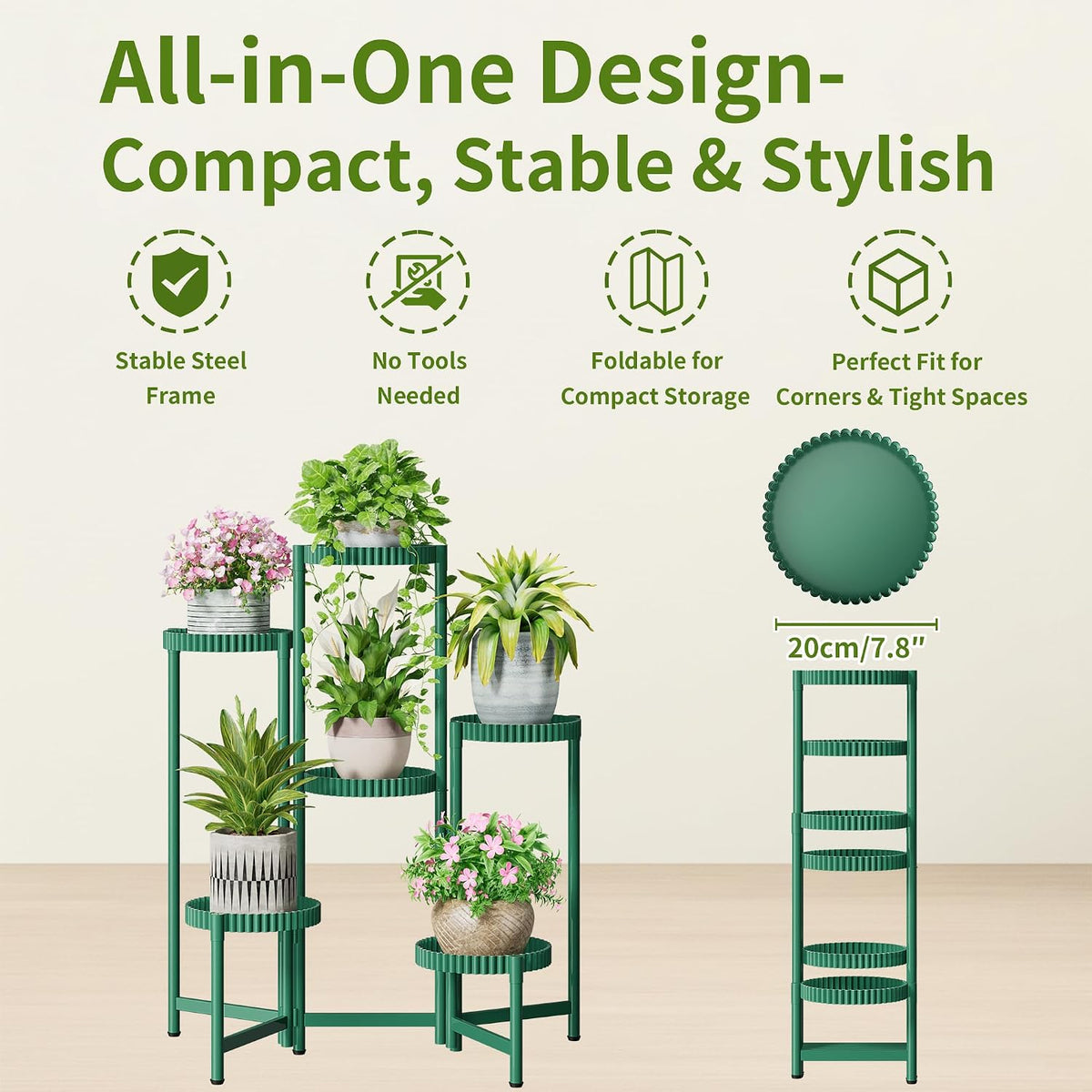 6 Tier Large Plant Stand Indoor, 7.9 Inch Wide Tall Corner Metal Plant Stands Outdoor for Multiple Plants, Folding