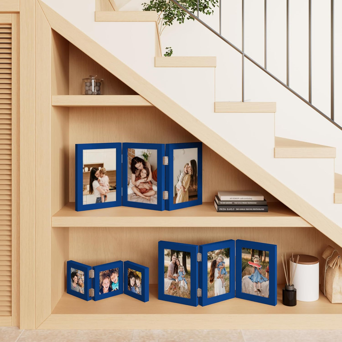 decorUhome Blue Triple 8x10 Picture Frame Vertical, MDBU08 | "Z" Shape Folding Design Engineered Wood Trifold Photo