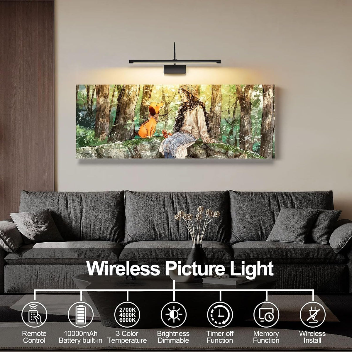 Battery Operated Picture Light with Remote, 24 inch Wireless Rechargeable Art Light with Timer, Dimmable 3CCT Gallery