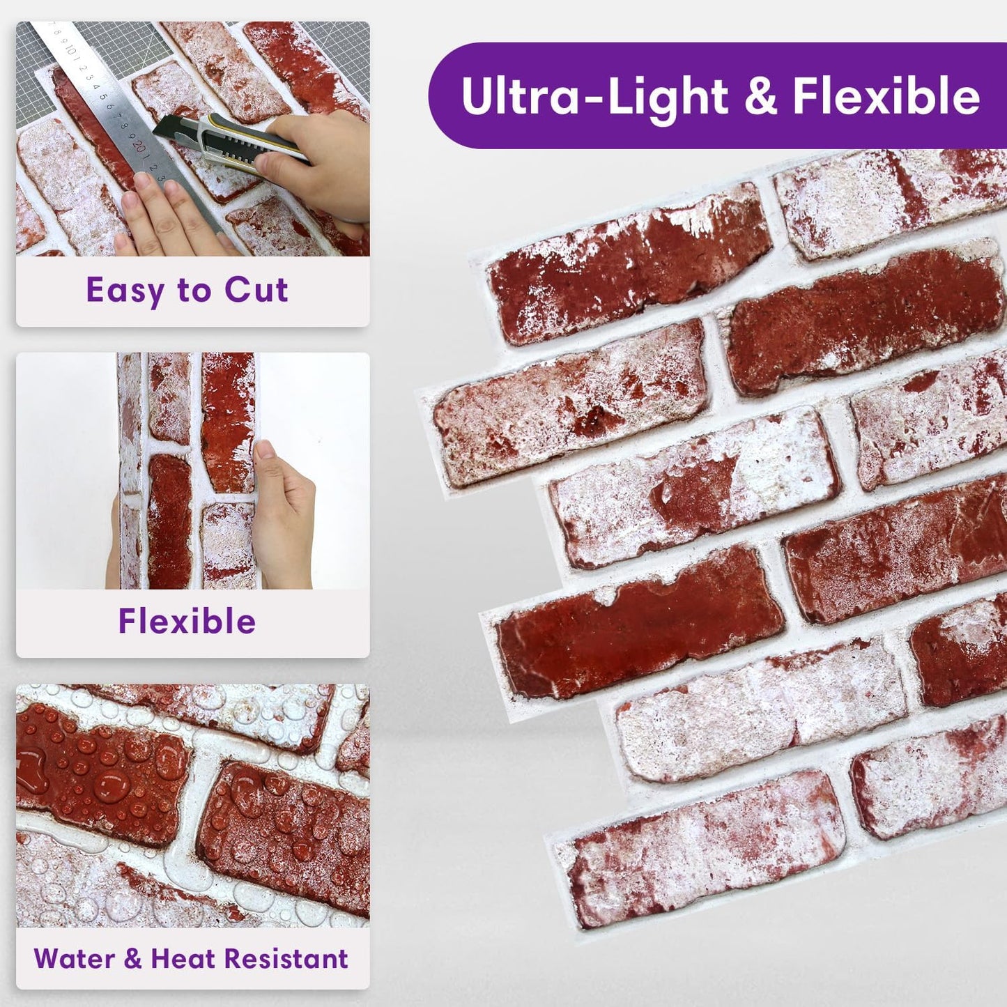 3D Peel and Stick Faux Brick Wall Panels / SM-BRICK-D / Red / 11.8 x 11.8 / Set of 10