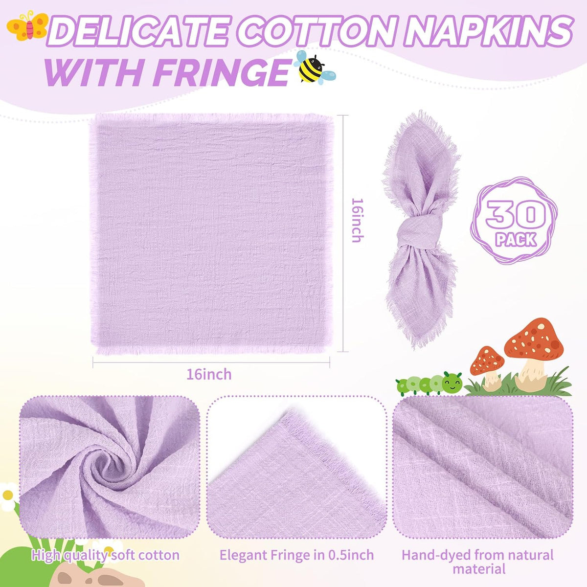 Showgeous 30 Pack Lavender Cloth Napkins with Fringe, 16x16 inch | 100% Cotton Purple Napkins Handmade Dinner Napkins