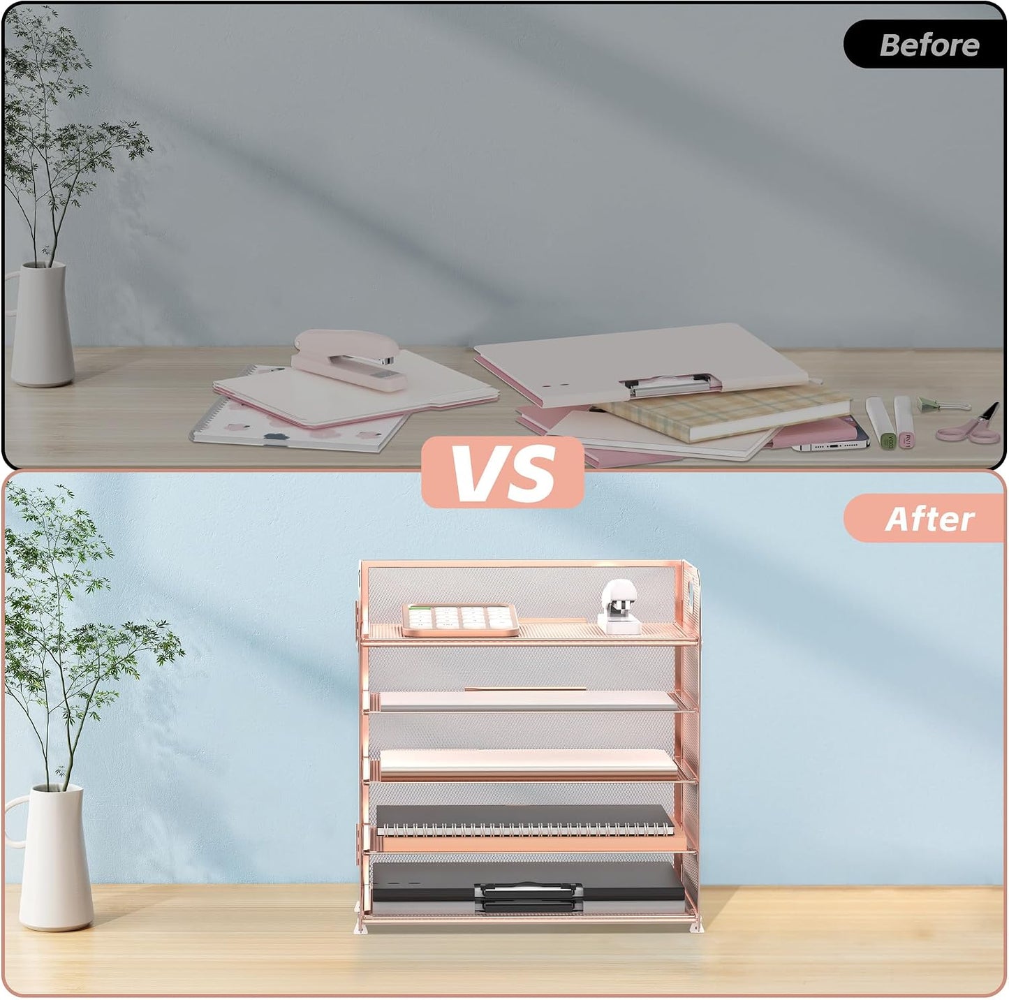 5 Trays Paper Organizer Letter Tray with Handle-Mesh Desk File Organizer, Paper Sorter Desk Organizer for Office, Home