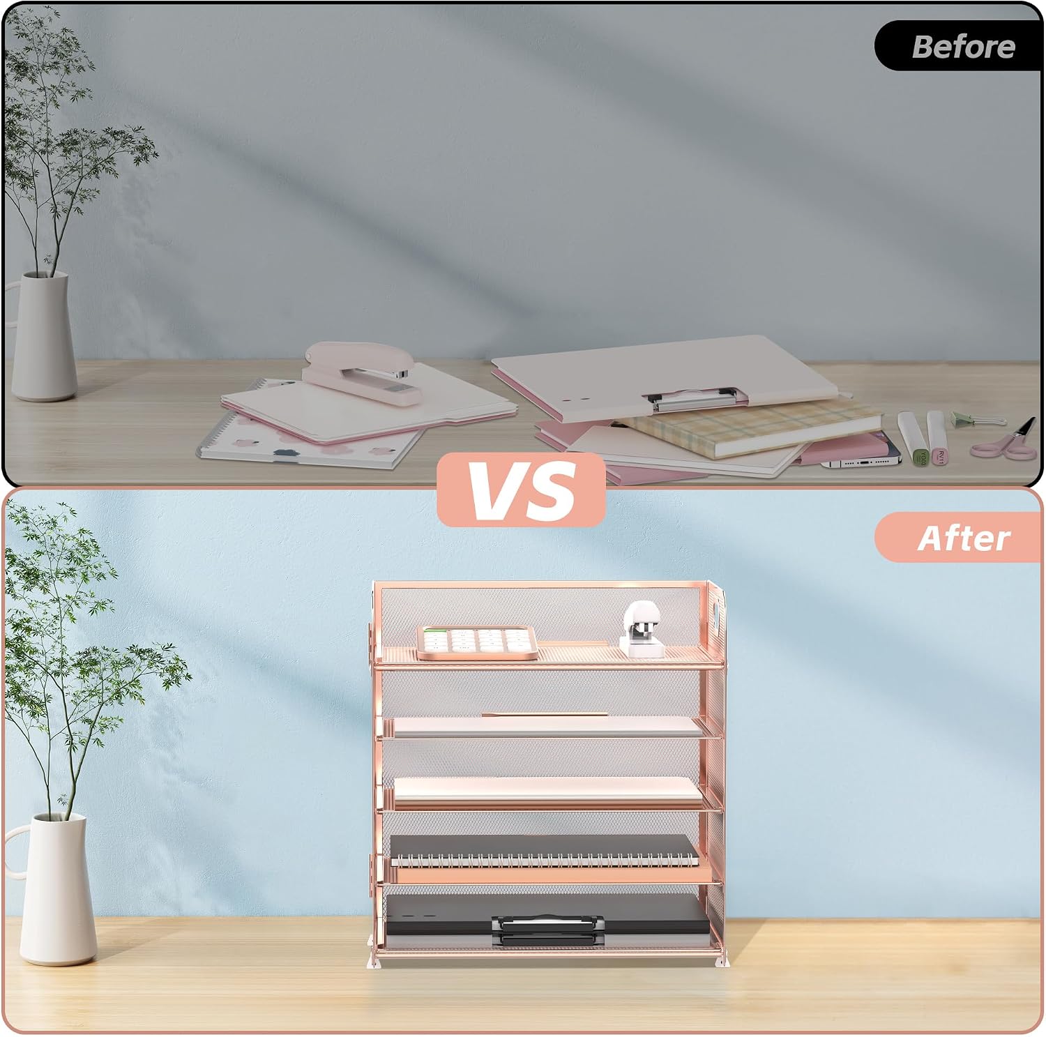 5 Trays Paper Organizer Letter Tray with Handle-Mesh Desk File Organizer, Paper Sorter Desk Organizer for Office, Home
