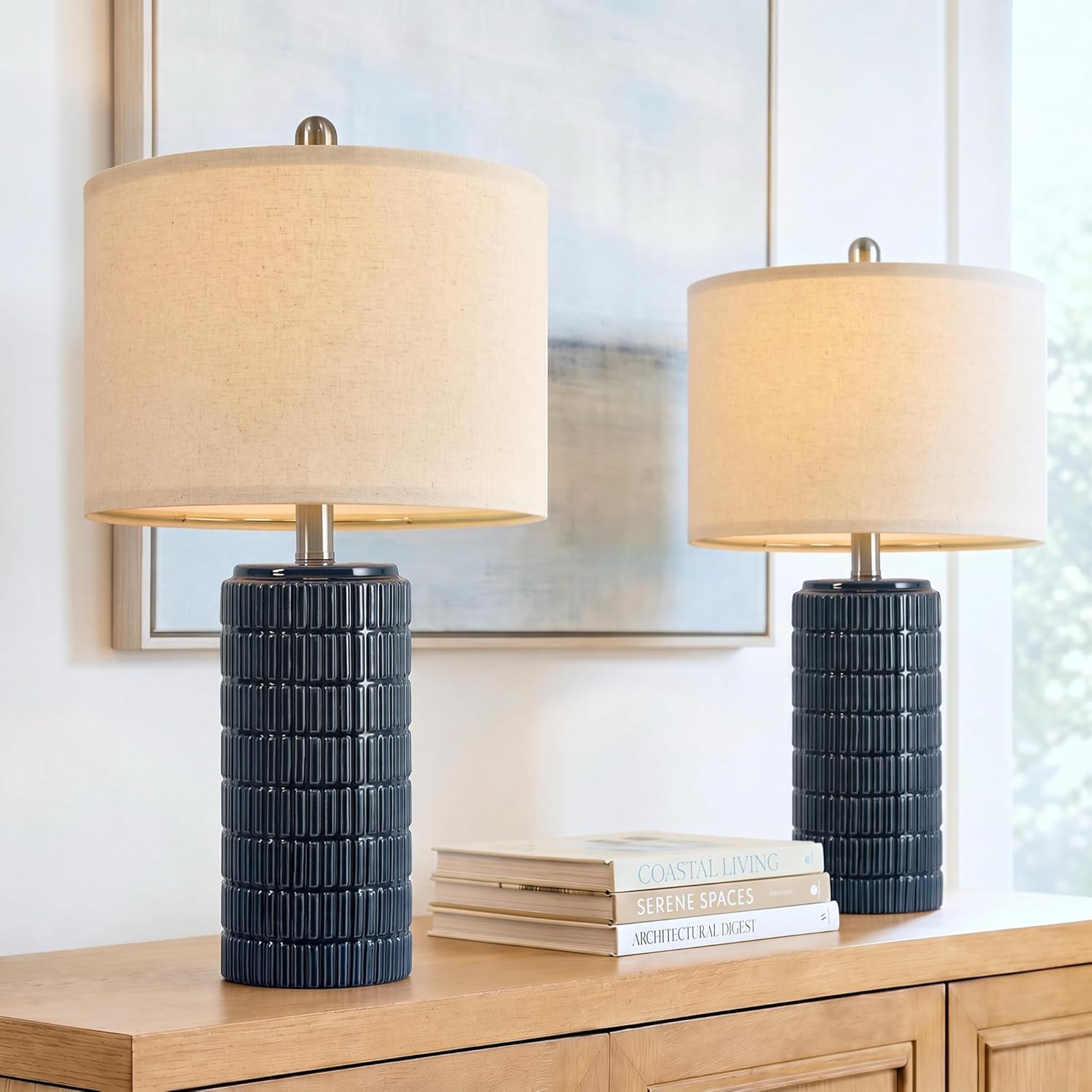 PoKat 23" Blue Table Lamps, Farmhouse Bedside Lamps for Bedroom Set of 2, Ceramic End Table Lamps for Living Room