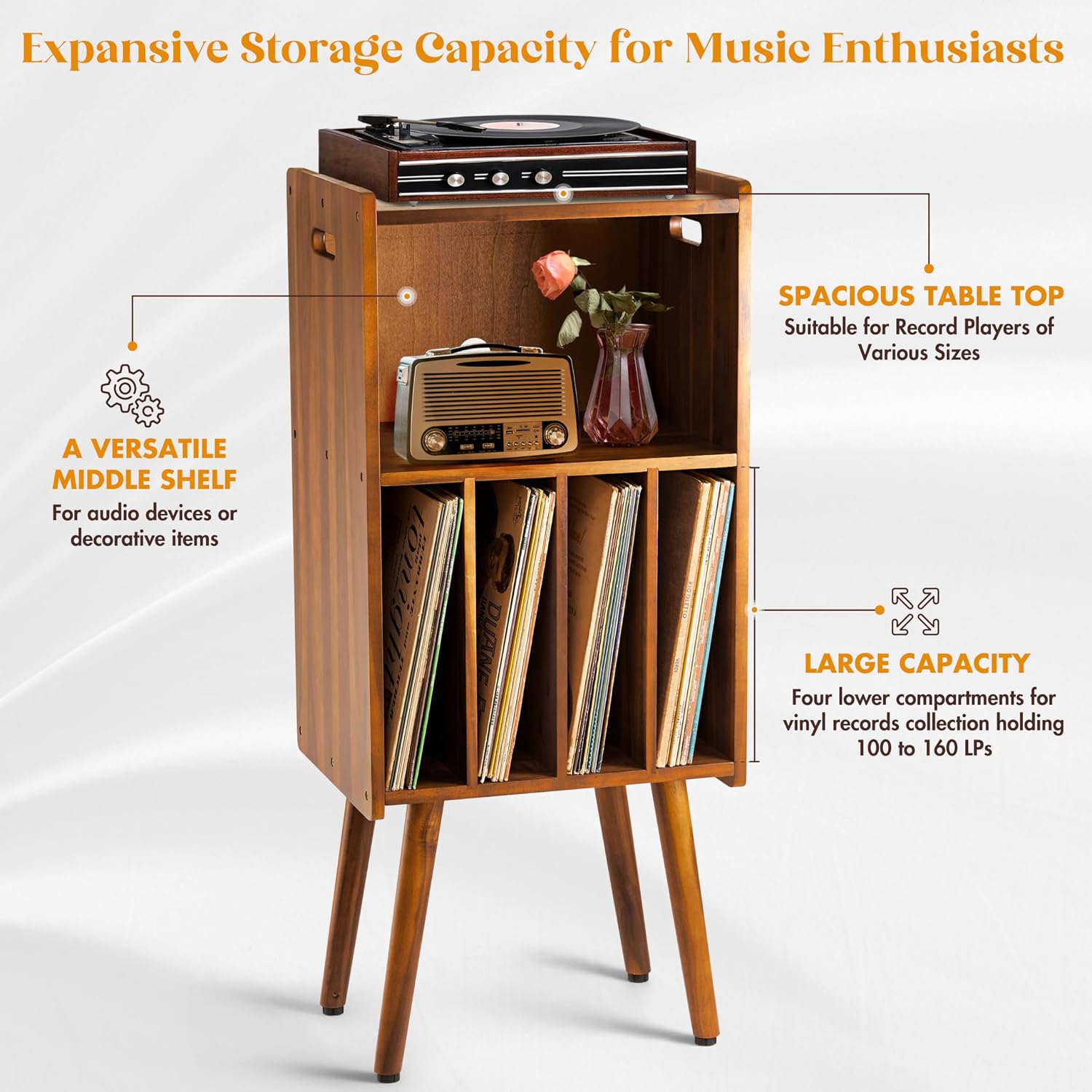 Wooden LP Record Player Stand, 3-Tier Turntable Stand Cabinet Holds up to 100 Albums, Metal Record Storage Holder and