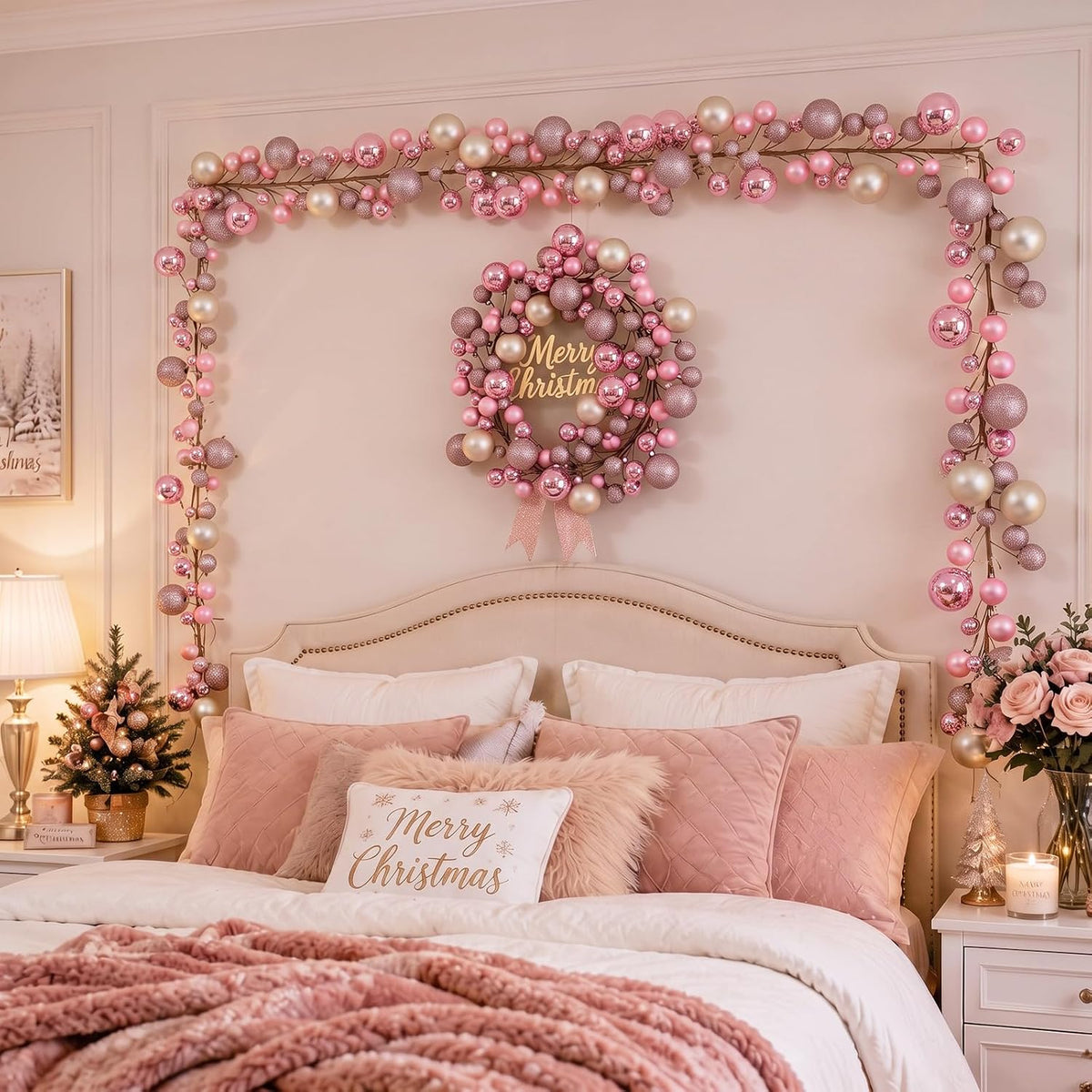 2 Pcs 6 ft Christmas Ball Ornament Garland, Pink, Champagne Gold | Bauble Bulb Christmas Tree Ball Decoration