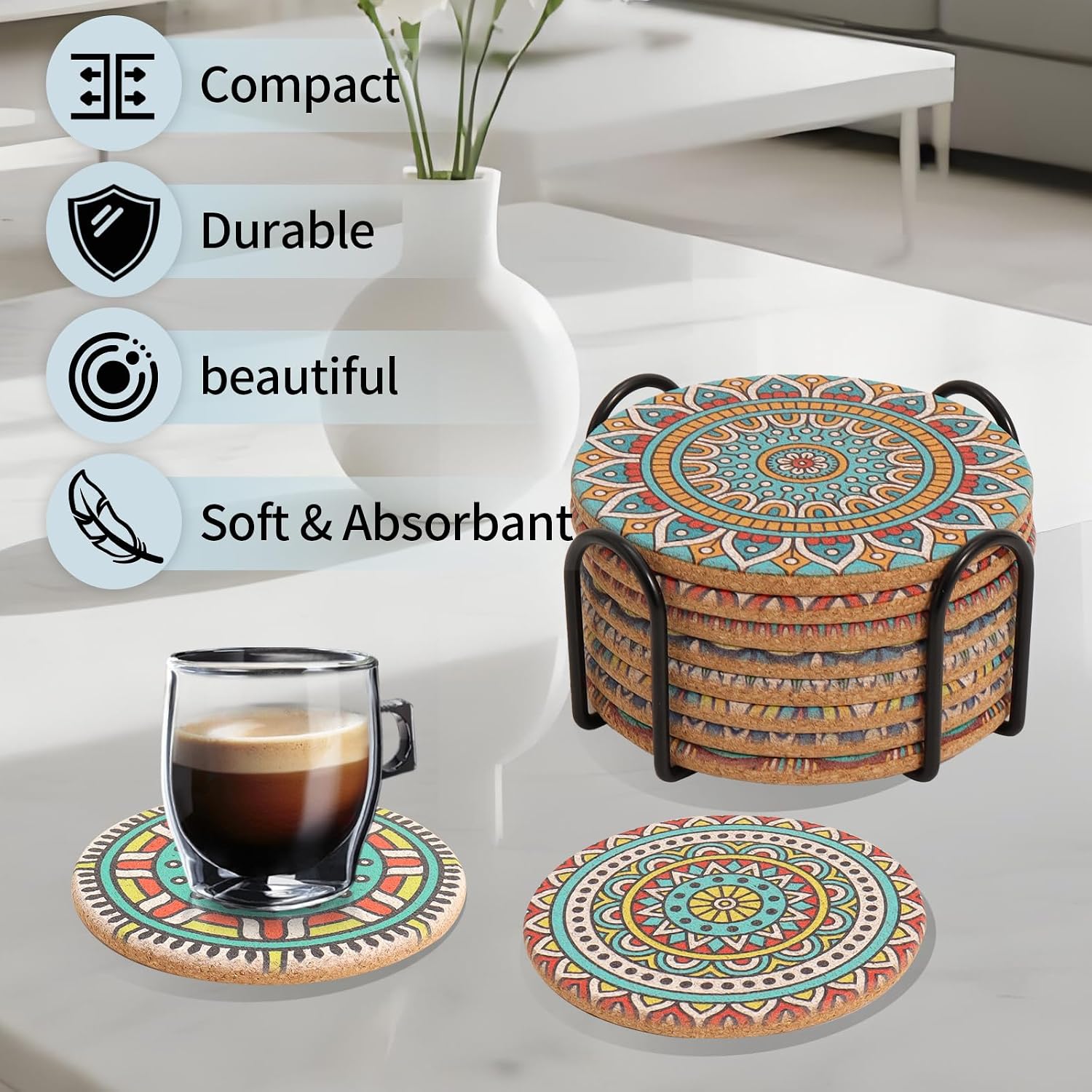Holder / Round Boho Coasters for Drinks / Mandala Coasters5 / Set of 8
