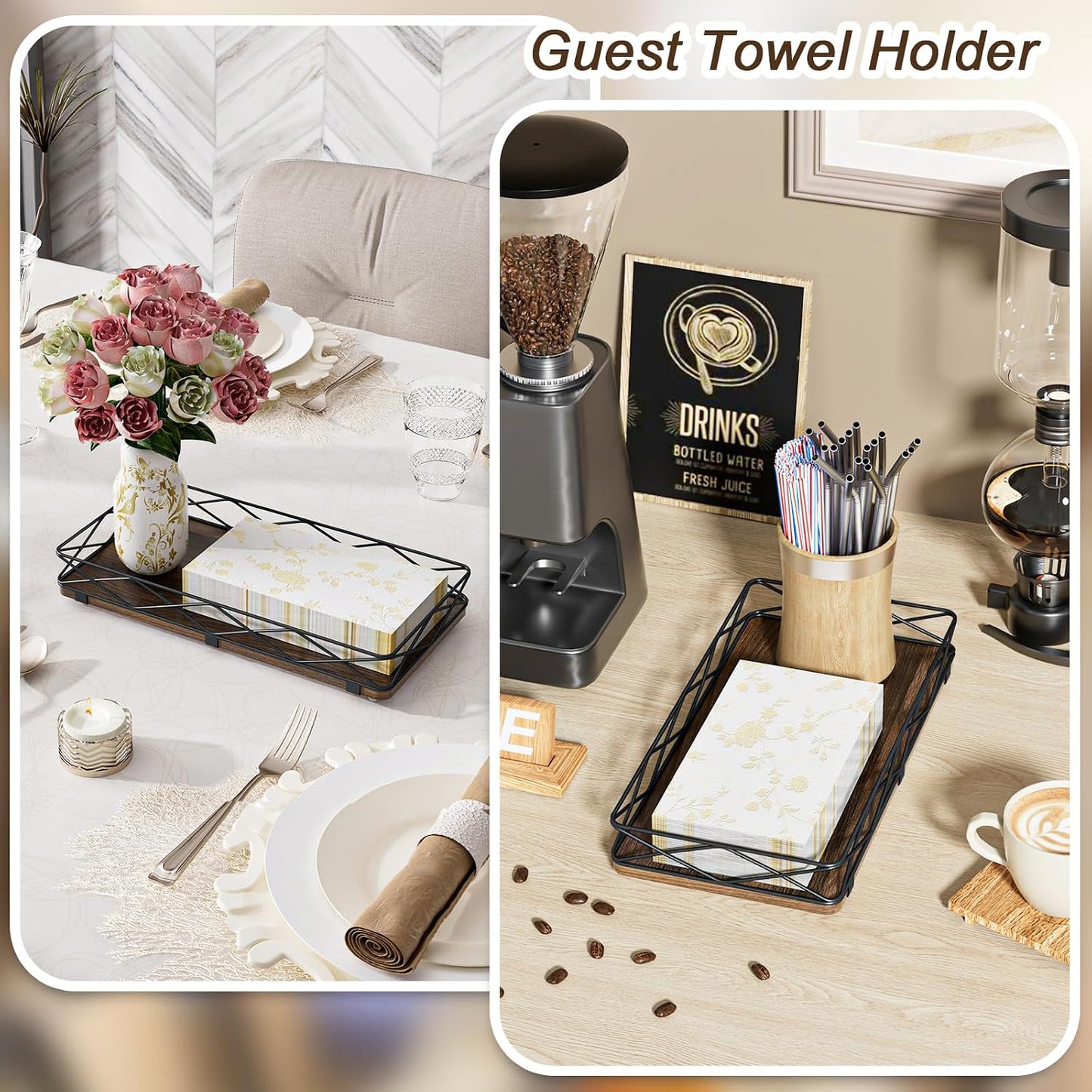 Wood and Metal Toilet Tray Vanity Organizer Bathroom Tray / Brown+black