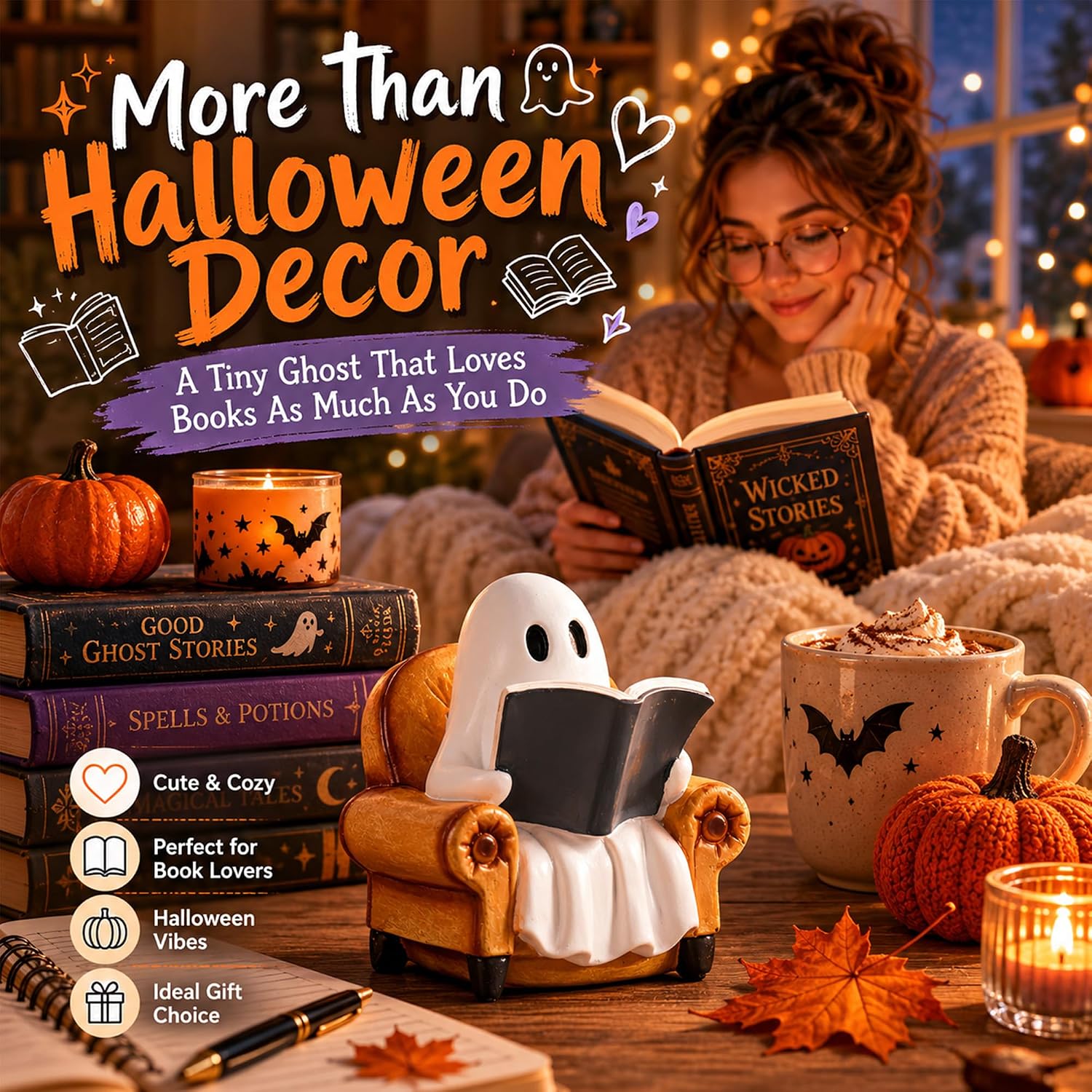 Halloween Decorations Indoor Ghost Reading Book Figurines Ghost Decor Book Lovers / Reading Ghost