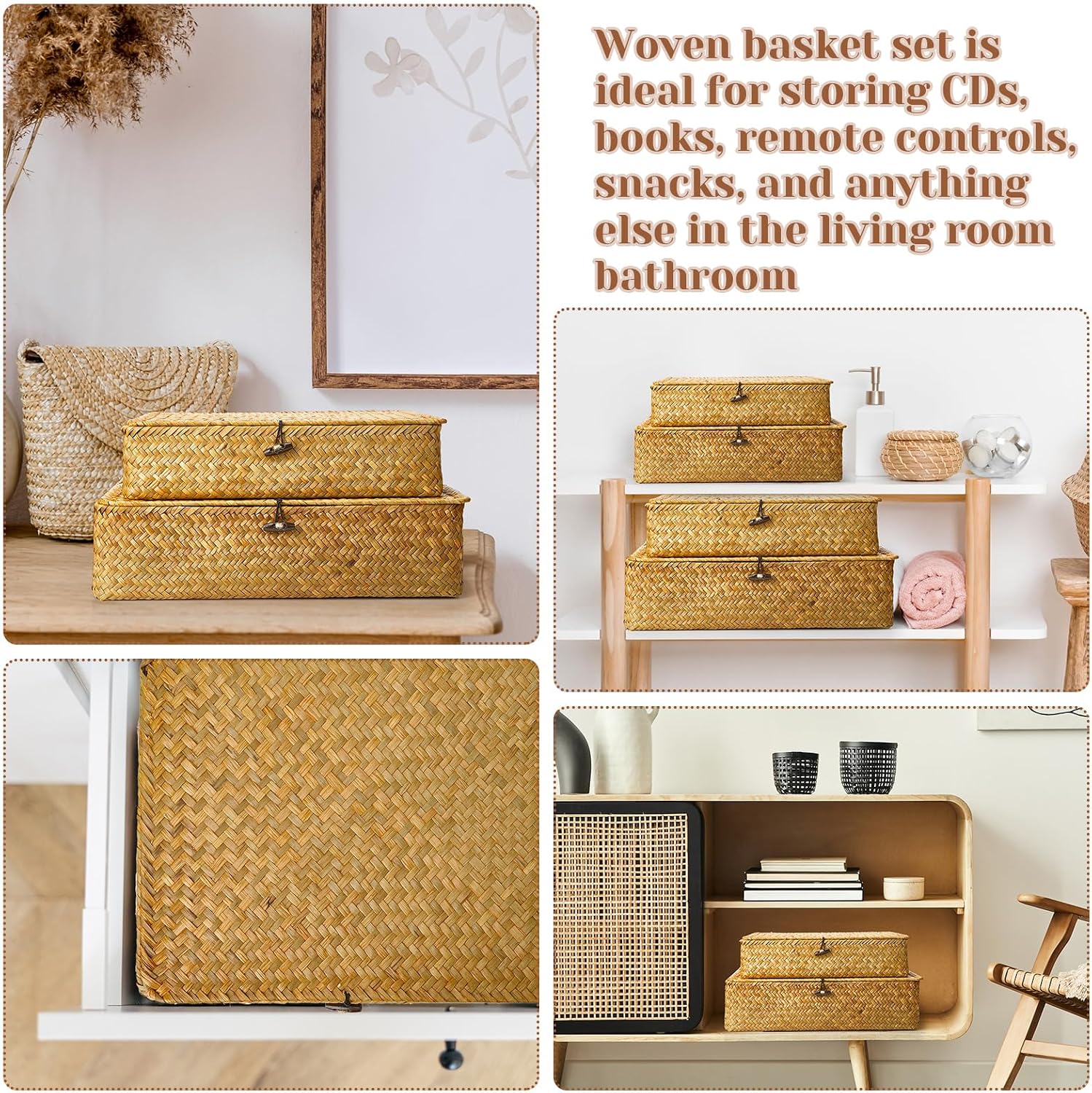 Seagrass Basket / Lid Wicker Storage Basket Decorative Storage Boxes / Yellow / Set of 4