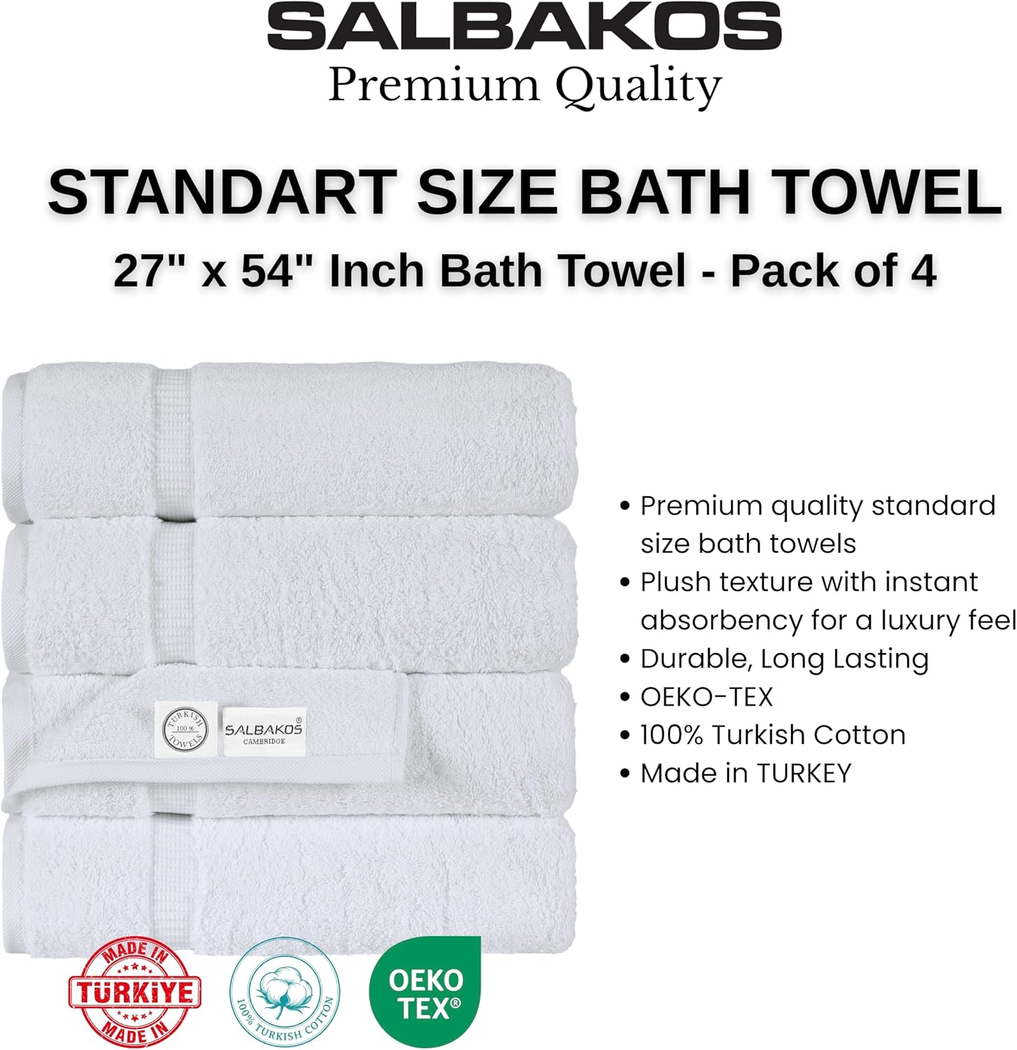 SALBAKOS 4-Piece 100% Turkish Cotton Bath Towels, 27x54 inch, White | Standard Size, 630 Gsm Thick Super Soft Highly
