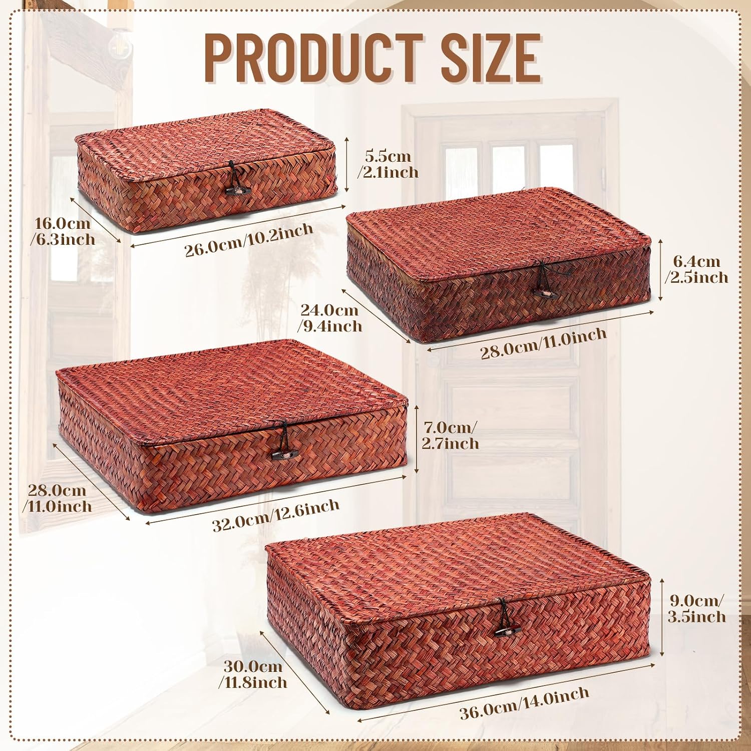 Seagrass Basket / Lid Wicker Storage Basket Decorative Storage Boxes / Retro Red / Set of 4