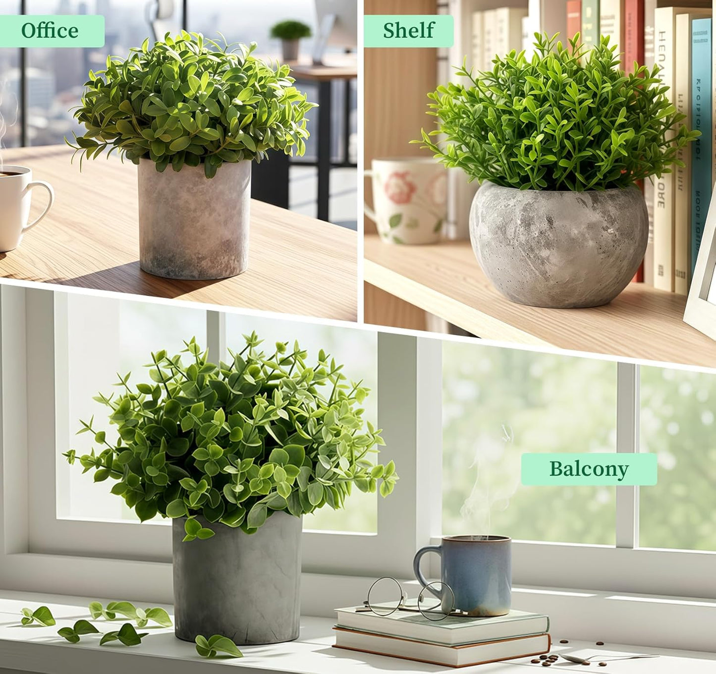 Artificial Eucalyptus Mini Potted Plant Indoor Greenery Plastic Fake / 2 Green+3 Grey / Set of 5