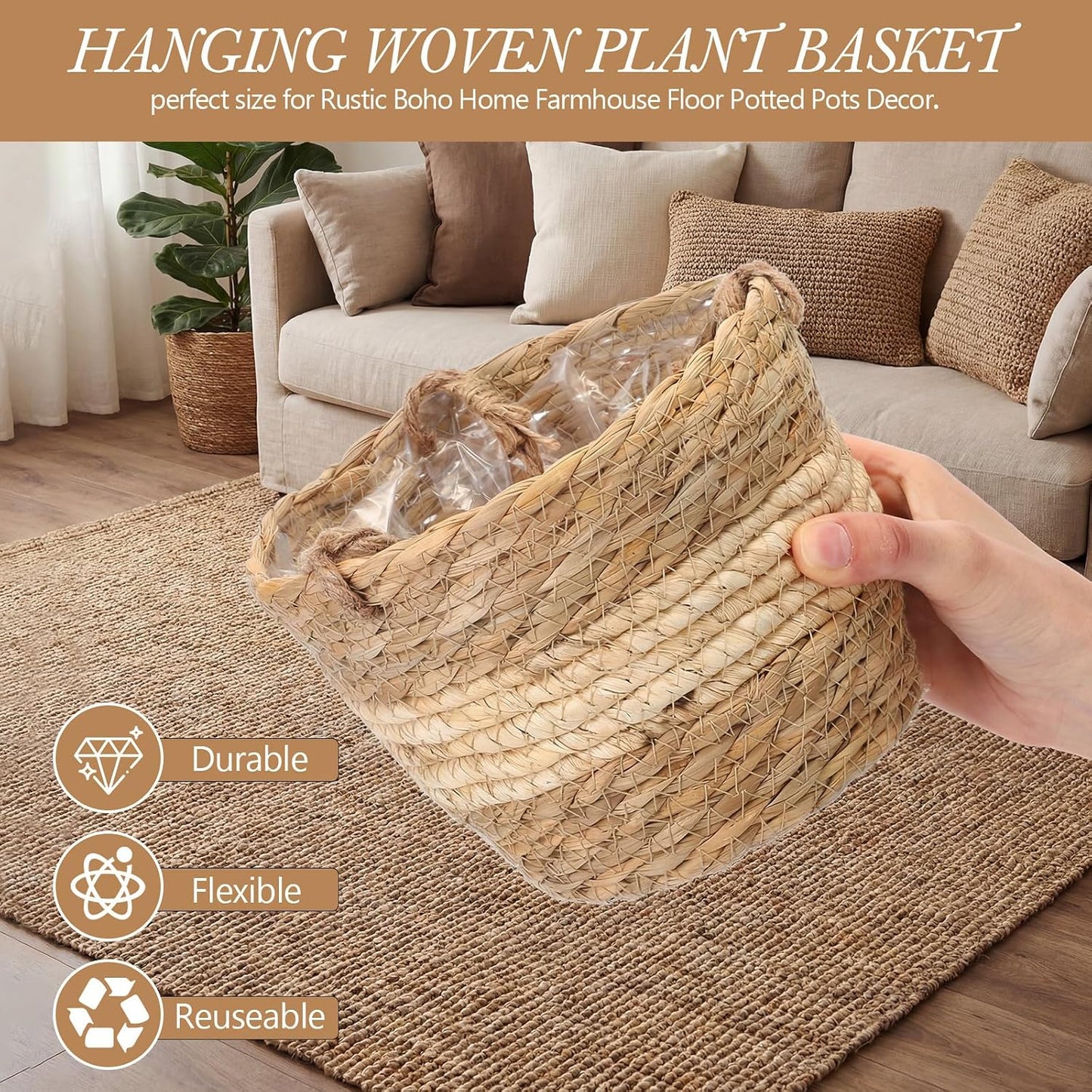 Seagrass Hanging Planter Basket Hand Woven Plant Basket / Beige / Small / Set of 6