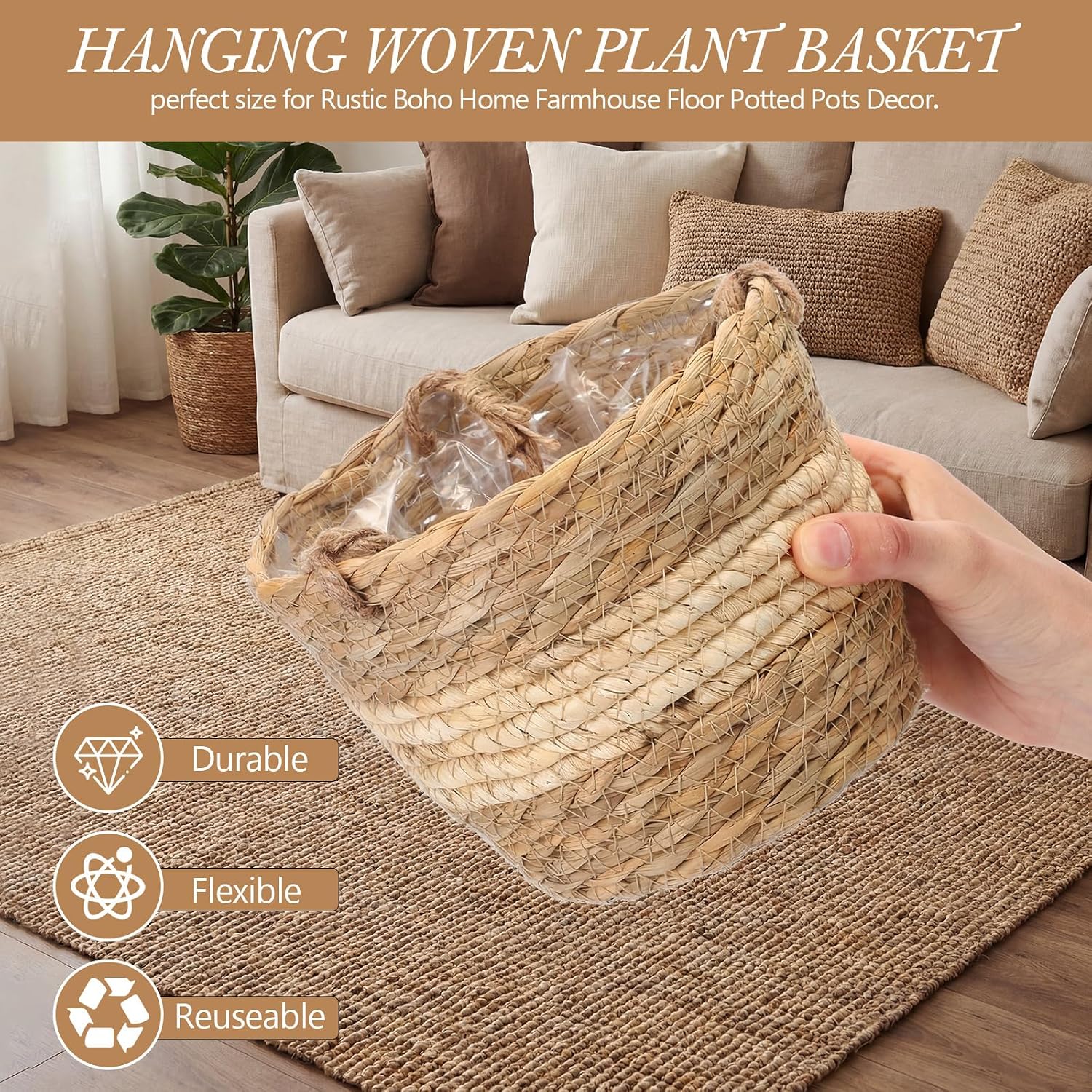 Seagrass Hanging Planter Basket Hand Woven Plant Basket / Beige / Small / Set of 6