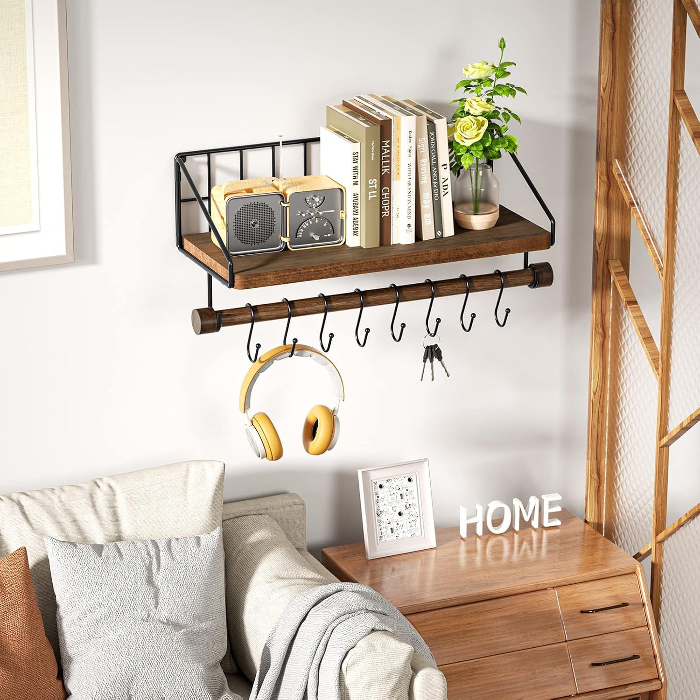 Alsonerbay Floating Shelf Coffee Bar Shelf with Towel Bar, Dark Brown | 8 removable hooks, solid wood, space-saving