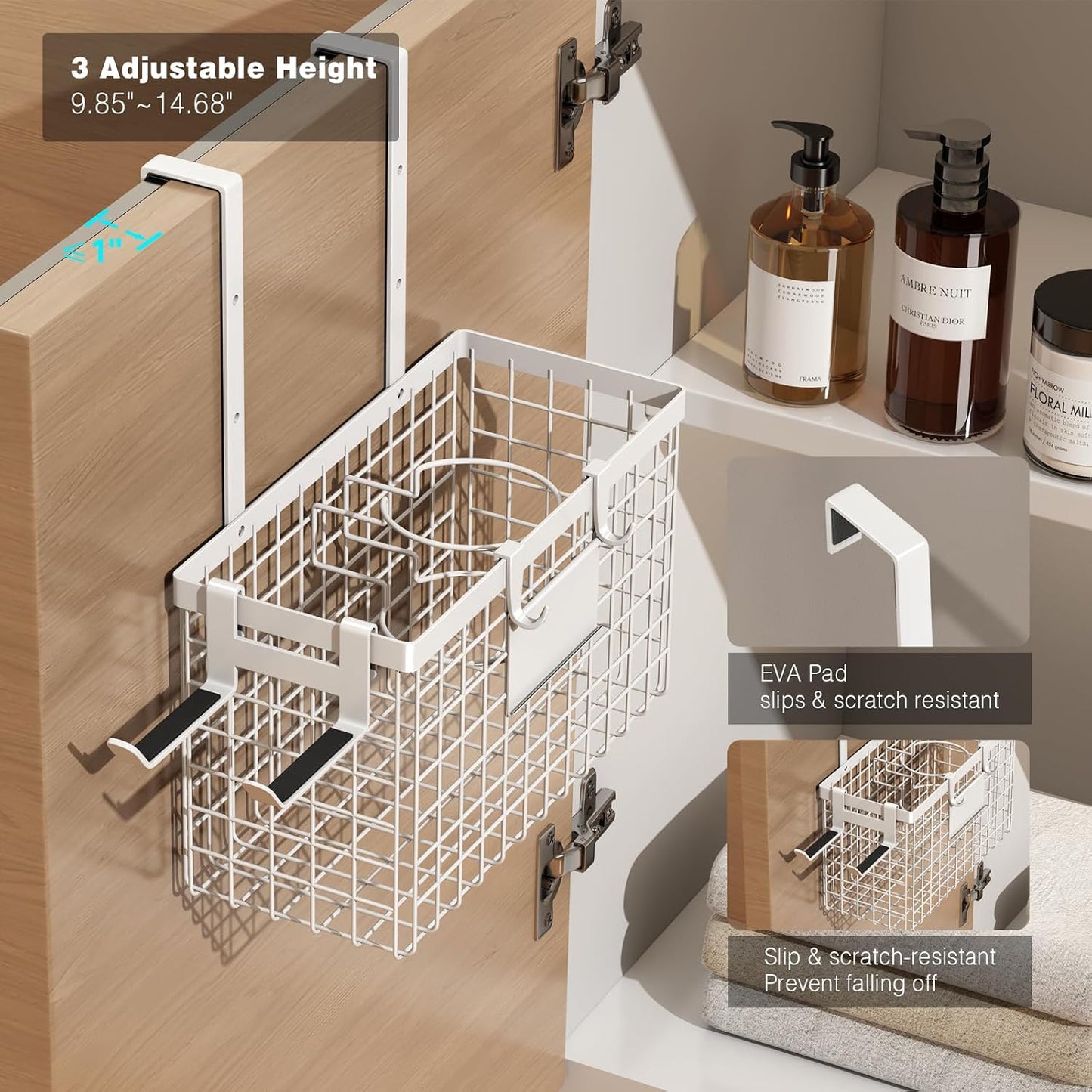 Voldra Hair Dryer Holder Cabinet Door, Adhesive Hair Tool Organizer Wall Mount Adjustable Height Blow Dryer Holder