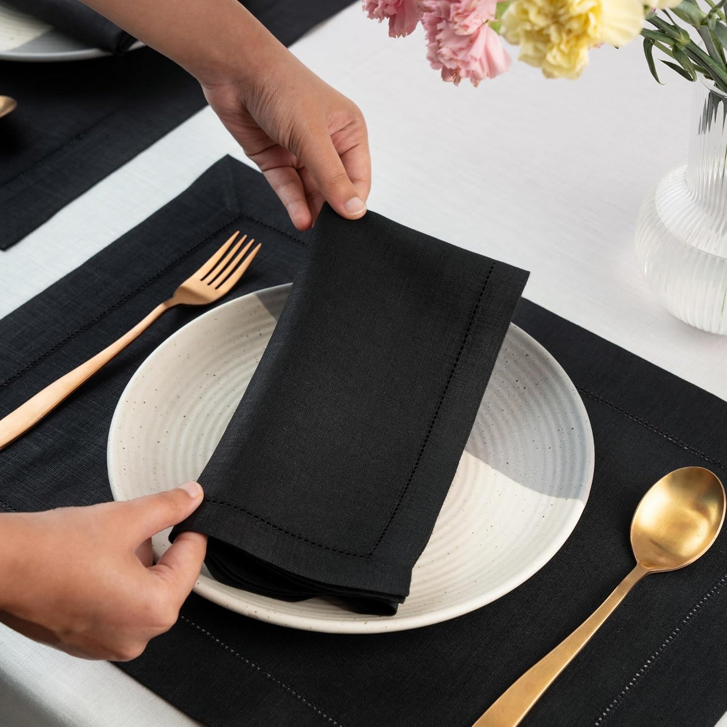 Signature Linen™ by D'Moksha Black Dinner Napkins Set of 8, 20 x 20 Inch Cloth Napkins, 100% Pure Linen, Hemstitch