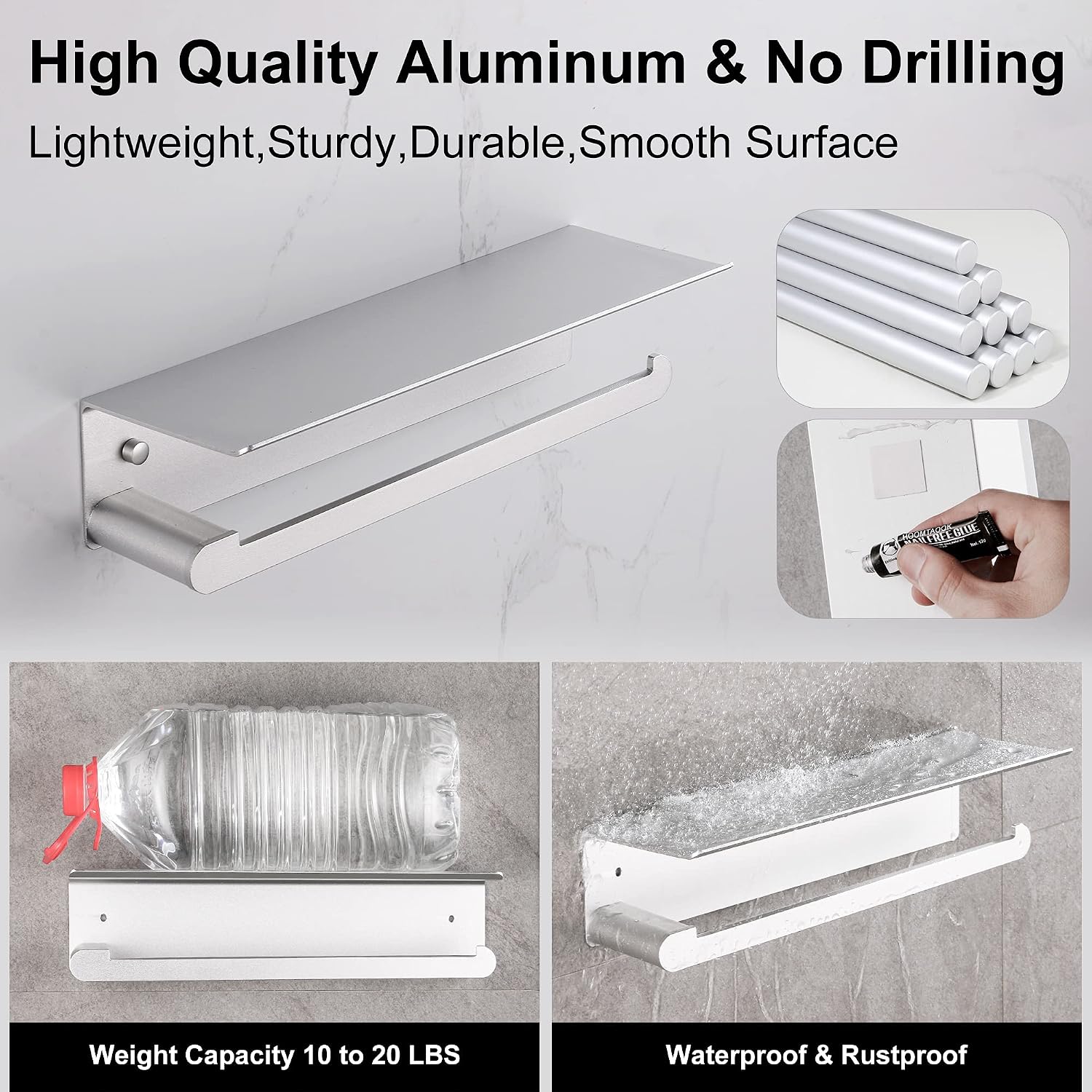 DUFU Paper Towel Holder Wall Mount for Kitchen, Silver | Self-Adhesive,Paper Towel Holder With Shelf for Bathroom