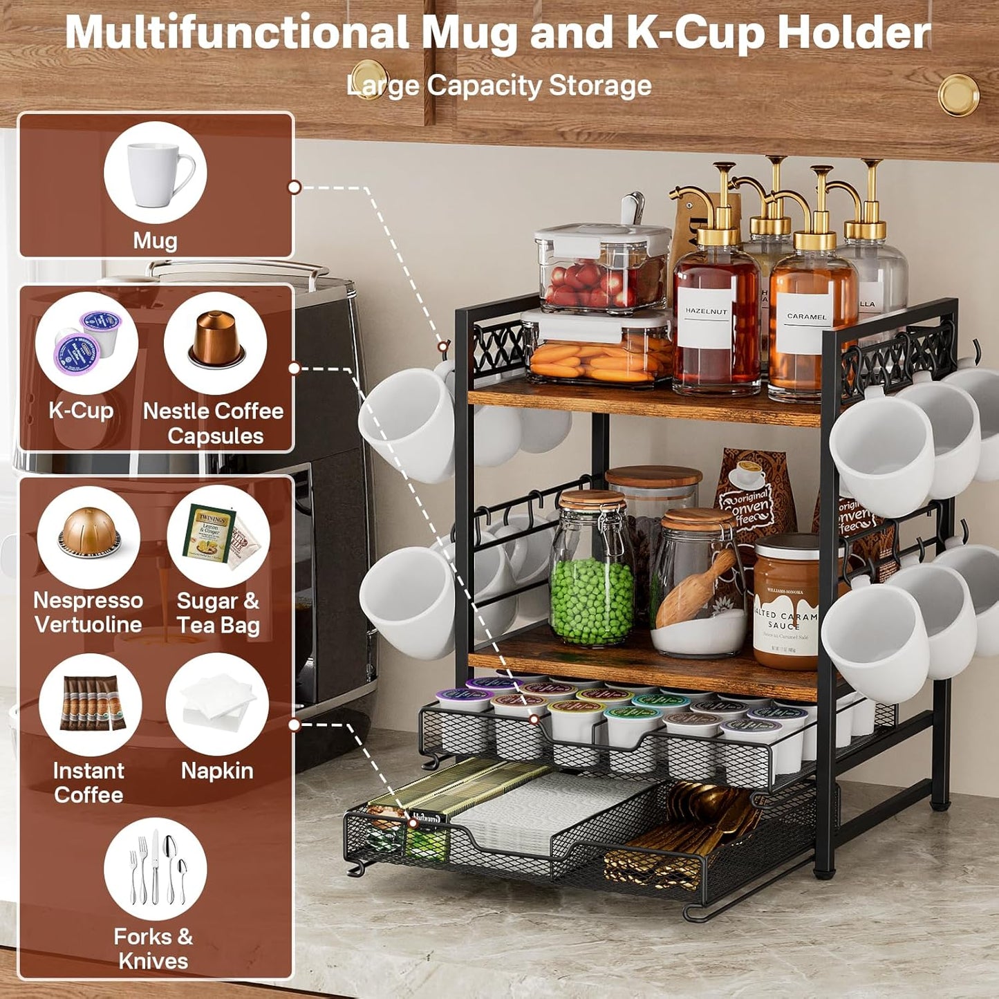 Plaviya Coffee Bar Organizer Coffee Station K Cup Holder for Countertop | 30 Coffee Pods Organizer, Mug Holder with 12