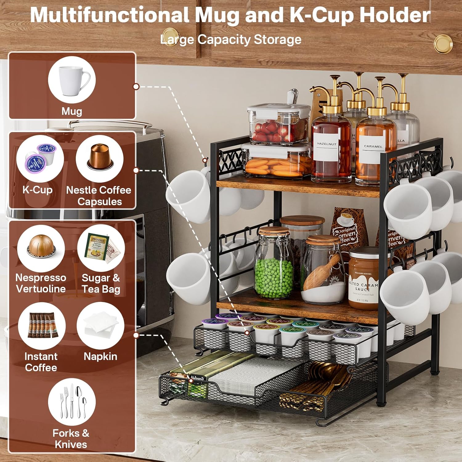 Plaviya Coffee Bar Organizer Coffee Station K Cup Holder for Countertop | 30 Coffee Pods Organizer, Mug Holder with 12