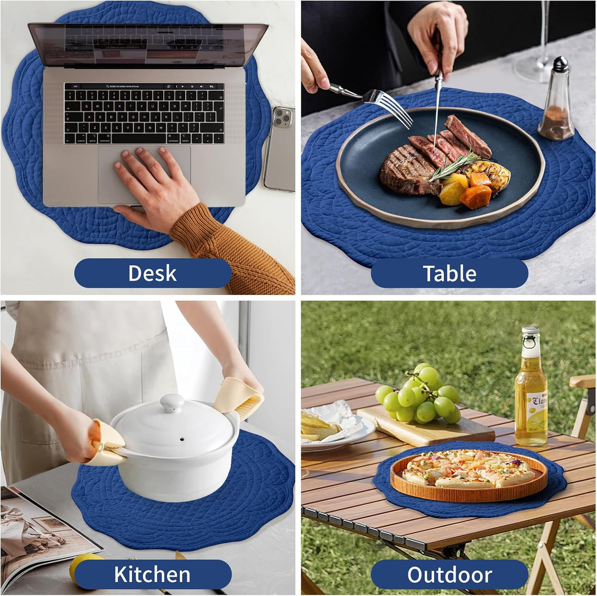 6 PC Quilted Placemats, 14" Extra Large Cotton Placemats Set of 6, 100% Cotton Fabric Washable Cloth Table Mats for