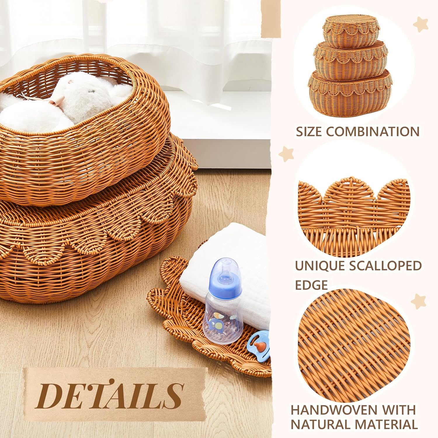Scalloped Rattan Baskets / Dark Brown / Medium, Large / Set of 3