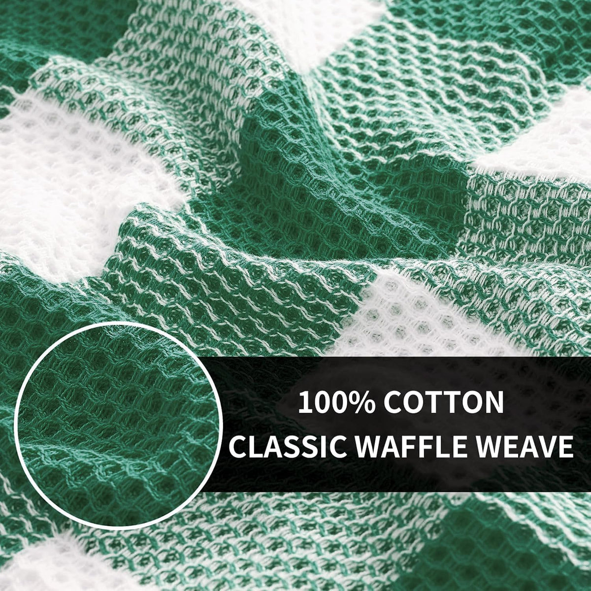 Homaxy Kitchen Towels and Dishcloths Set, Set of 12, White & Dark Green | Bulk Cotton Waffle Weave Check Plaid Kitchen