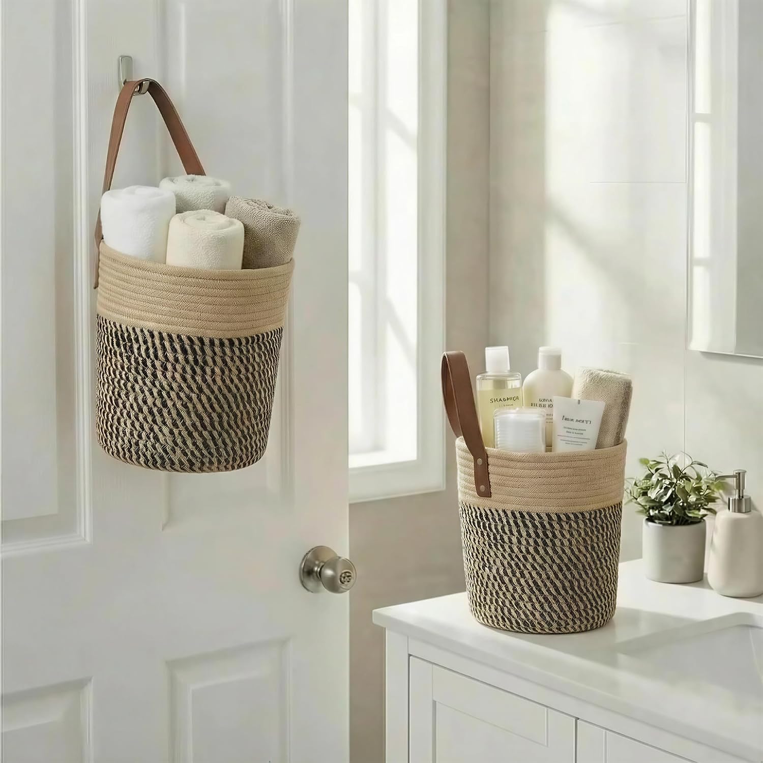 Round Woven Wall Decor & Storage Planter for Plant Decor and Home / Jute & Black / 8 Inch / Set of 2