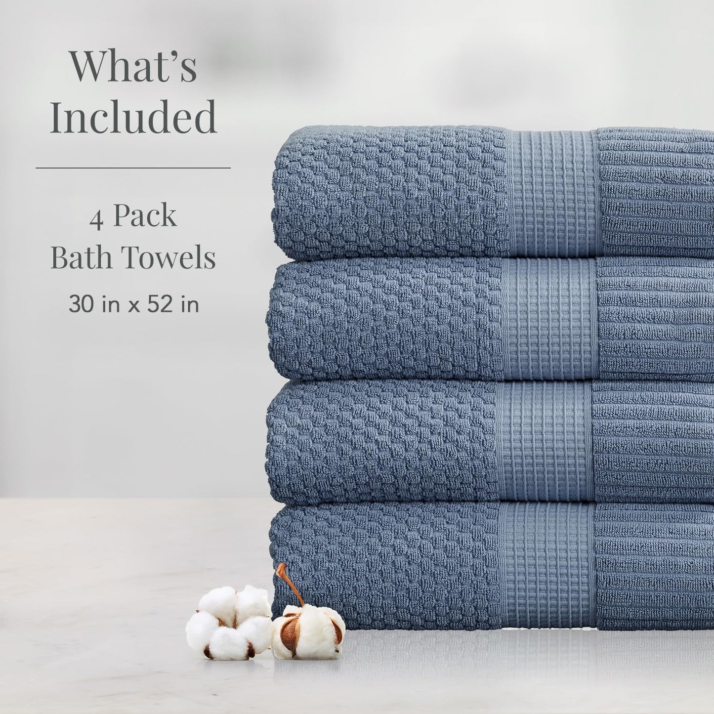 NY Loft 100% Cotton 4-Pack Bath Towel Set | Flint | Oeko-TEX | Quick-Dry | Four 30" x 52" Bath Towels | Super Absorbent
