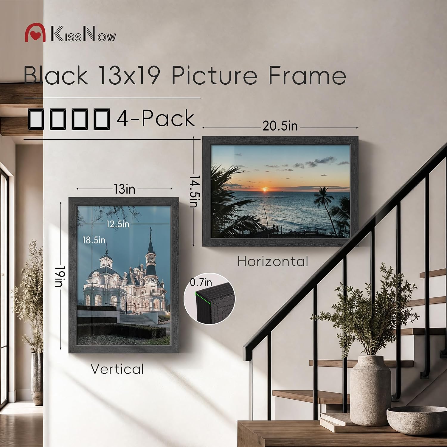 13x19 Picture Frame 4 Pack, Black Solid Wood, Gallery Wall Decor | Wall Hanging, Thick & Wide Border, Clear Plexiglass