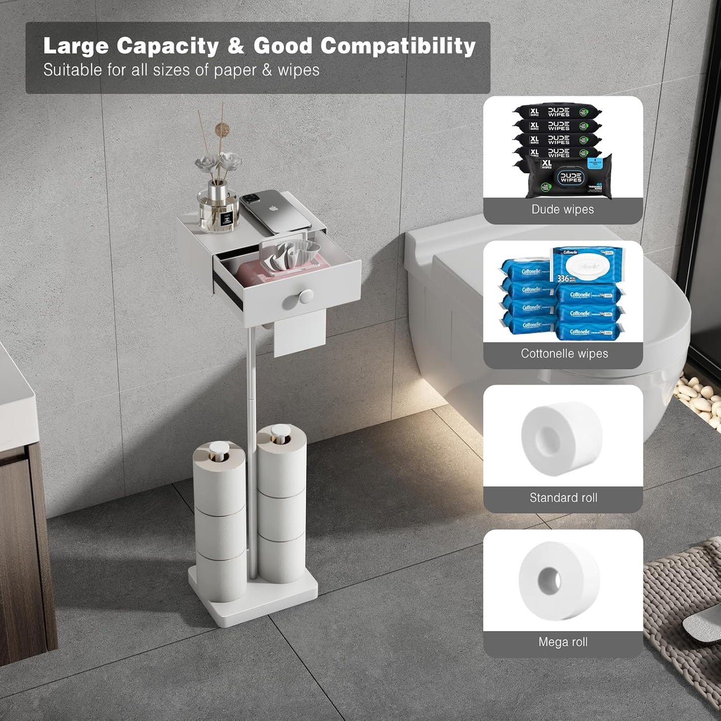 VOLDRA Toilet Paper Holder Stand with Shelf, Free Standing Toilet Paper Roll Holder with Wipes Storage Drawer Heavy