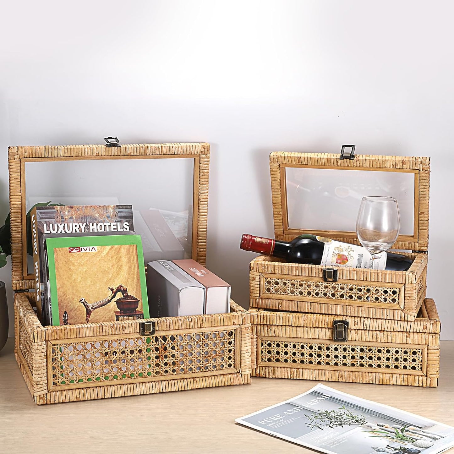 Clear Lid Rectangular Wicker Storage Basket Bin / 11 x 7.1 x 4 / Small / Natural Color