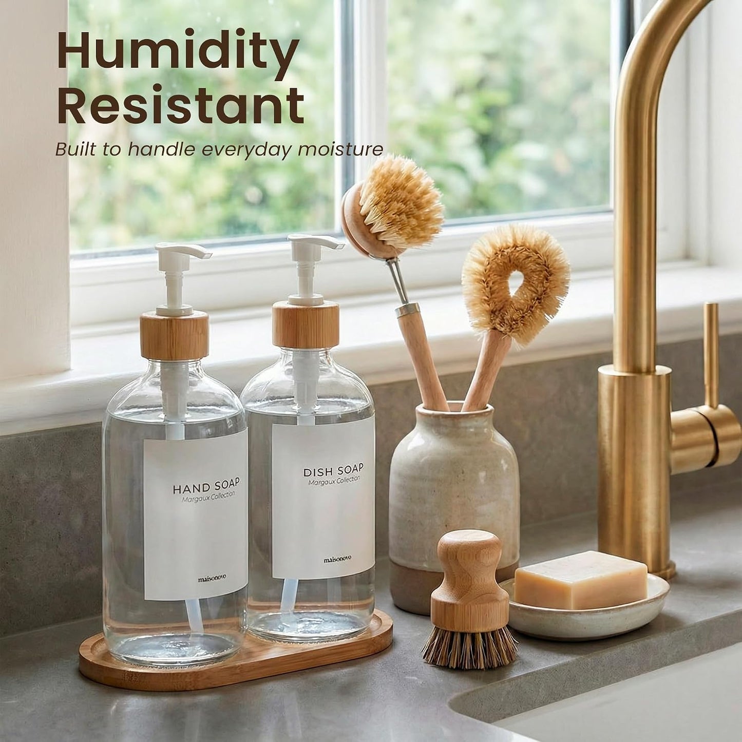 Maisonovo Dish Soap Dispenser Set - Clear Soap Dispenser White Bamboo Pumps | Glass bottles for body wash, lotion