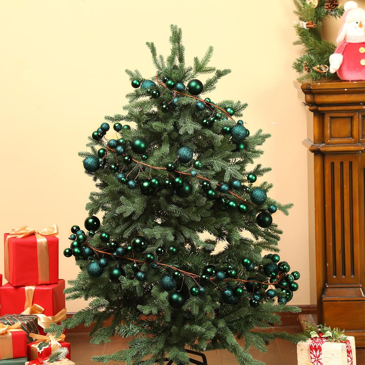 2 Pcs 6 ft Christmas Ball Ornament Garland, Dark Green | Bauble Bulb Christmas Tree Ball Decoration Shatterproof