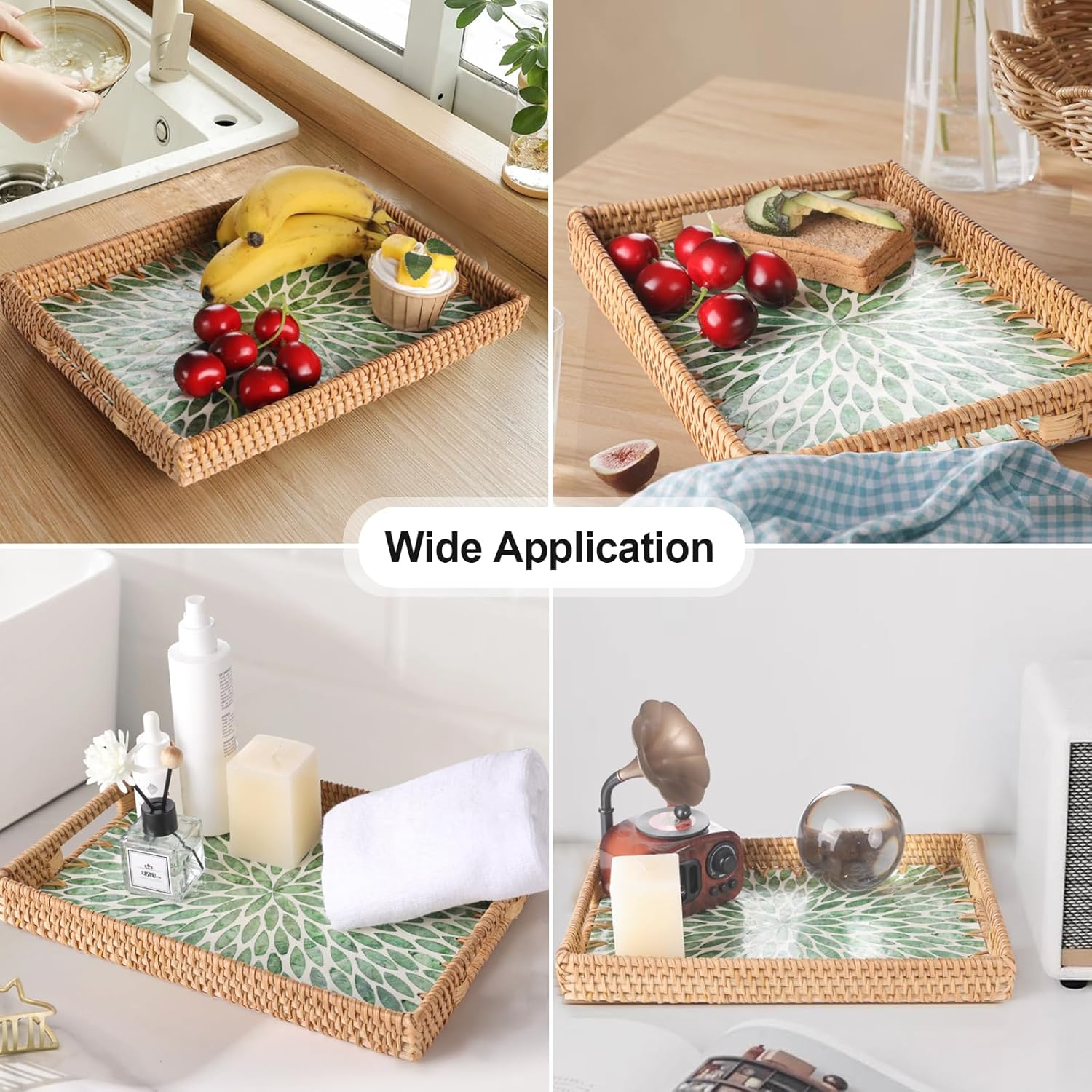 Rattan Serving Tray / Green Leaf