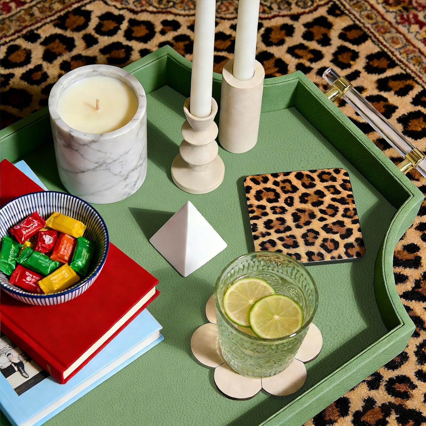 22.6'' x 13'' Coffee Table Tray Shagreen Decorative Tray for Ottoman Home / Green / 22.6 x 13 x 2