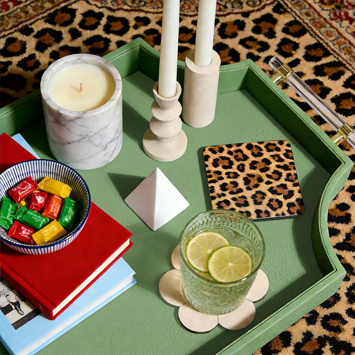 22.6'' x 13'' Coffee Table Tray Shagreen Decorative Tray for Ottoman Home / Green / 22.6 x 13 x 2