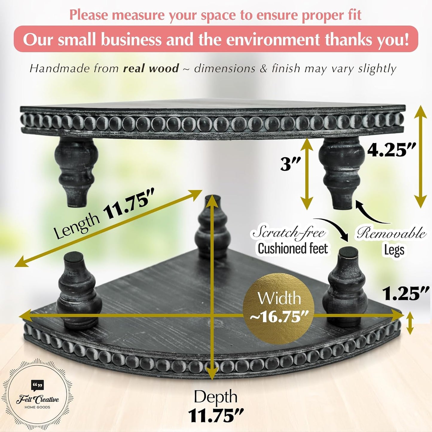 Farmhouse Wood Rounded Beaded Tray / Rustic Black