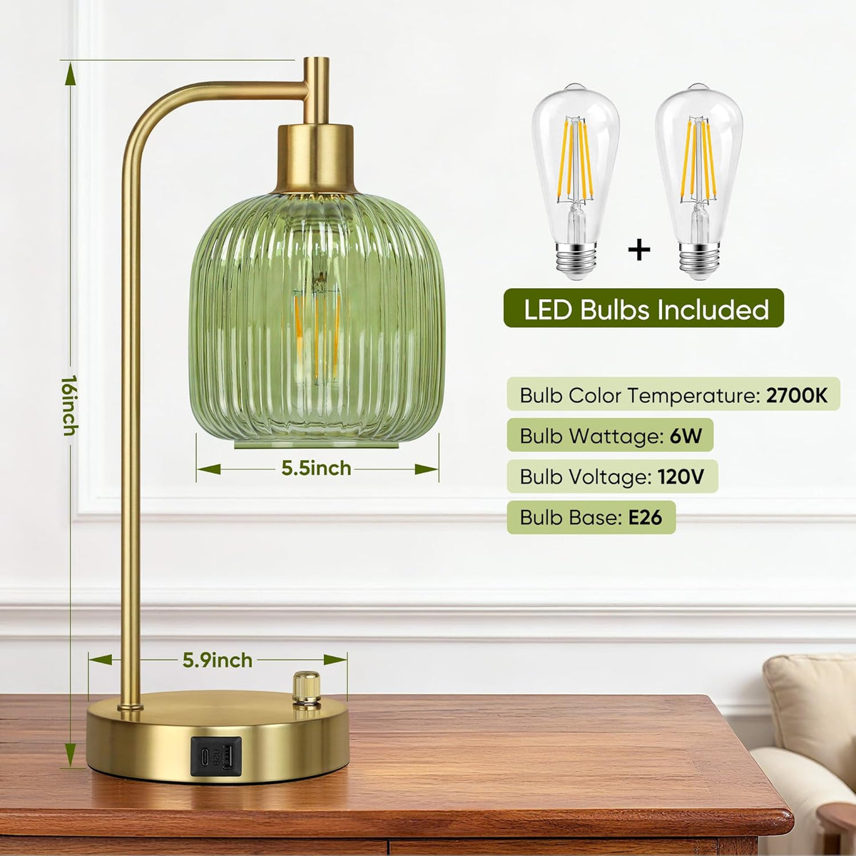 QiMH Industrial Table Lamp for Bedroom Set of 2, Green Glass Beside Lamp with USB A&C Ports, Stepless Dimmable Gold