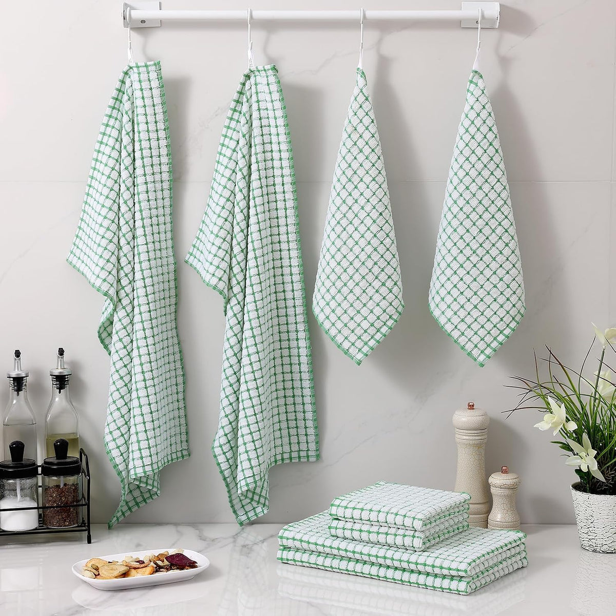 Homaxy Kitchen Towels and Dishcloths Set, Set of 12, Green | Cotton Terry Kitchen Dish Towels, Super Soft and Absorbent