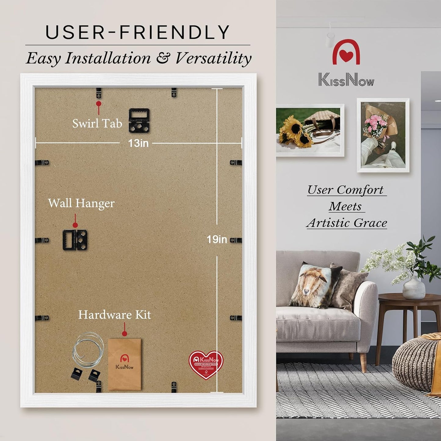 13x19 Picture Frame, White Solid Wood, 2 Pack, Wall Hanging for Art | Thick & Wide Border, HD Plexiglass, Horizontal or