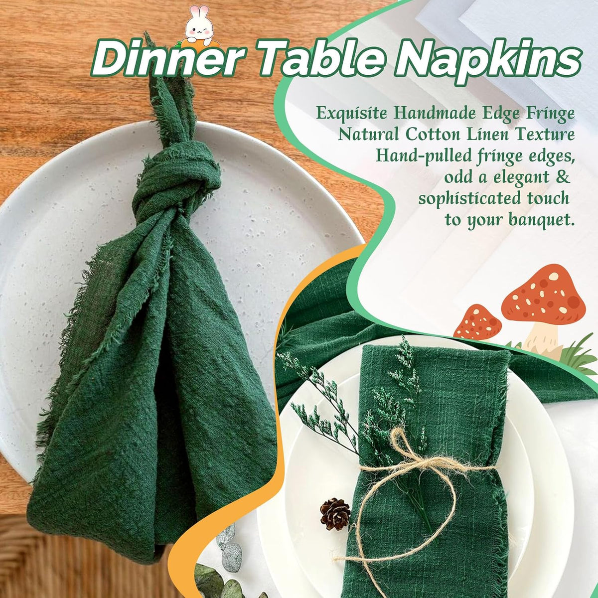 Showgeous 30 Pack Emerald Green Cloth Napkins with Fringe, 16x16 inch | 100% Cotton Green Napkins Handmade Dinner