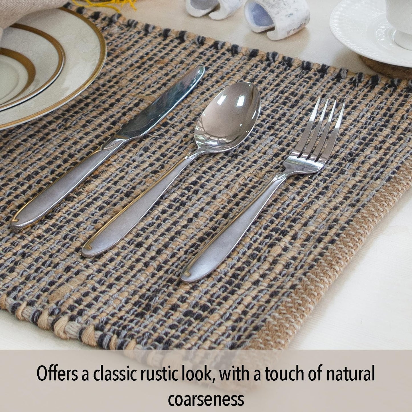 Natural Jute & Grey Placemats, Set of 4 – Rustic Handmade Boho Table Mats, 13x19 Inch Dining Table Placemats for