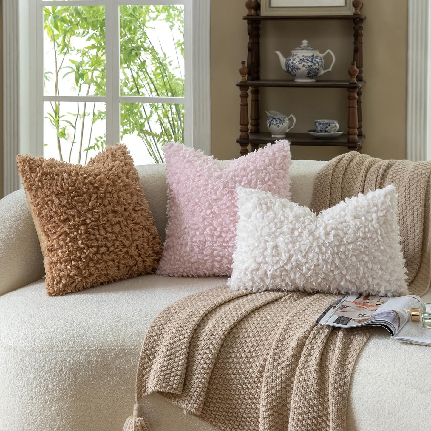 Faux Fur Throw Pillow Covers Boucle Decorative Sherpa Pillow / Cream White / 18 x 18 / Set of 2